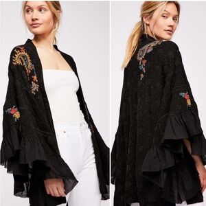Free People Dottie West Ruffled Embroidered Bell Sleeve Kimono Top NWT